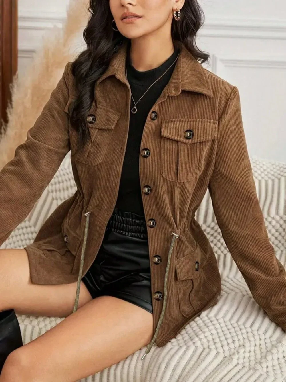 Brown Casual Women's Long Sleeve Drawstring Waist Cargo Pocket Jacket